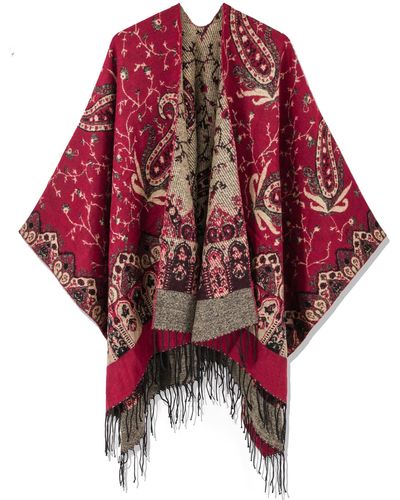 HIKARO Retro Style Poncho Cape Boho Shawl Wraps Ruana Printed Tassel Cardigan For Spring Fall Winter - Red