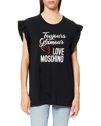 Love Moschino Sleeveless t-Shirt with Small Ruffles Around The Armholes,Glitter Print of Seasonal Slogan And Logo - Nero