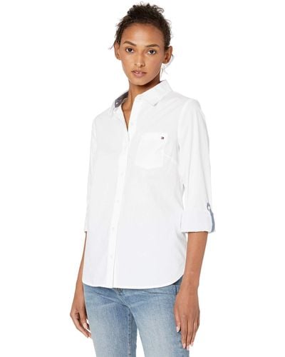 Tommy Hilfiger Plus Button Down Long Sleeve Collared Shirt With Chest Pocket - White