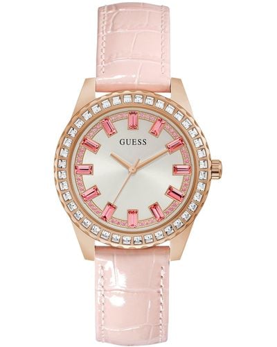 Guess Stainless Steel Quartz Watch with Leather Strap - Pink