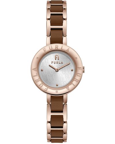Furla Brown Leather & Rose Gold Tone Stainless Steel Bracelet Watch - Metallic
