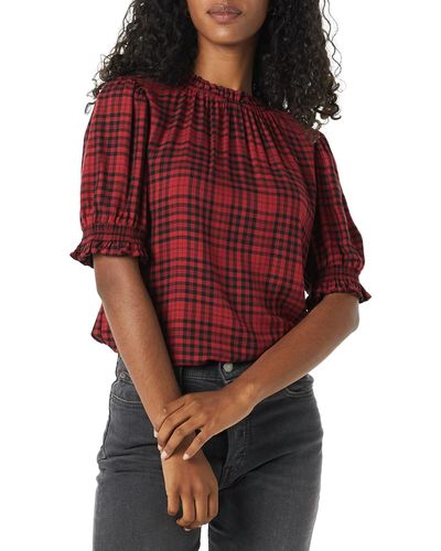 Amazon Essentials Camisa en Sarga Fluida con ga Corta Abullonada y Detalle Fruncido Mujer - Rojo