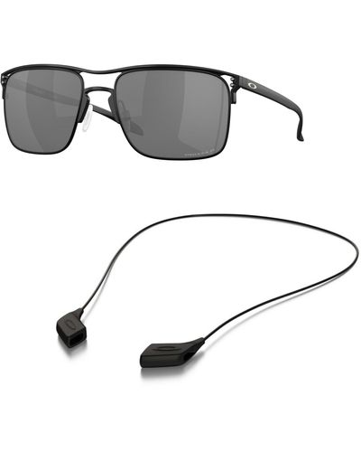 Oakley Sunglasses Bundle: Oo 6048 604802 Holbrook Ti Satin Black Prizm Accessory Shiny Black Leash Kit - Metallic