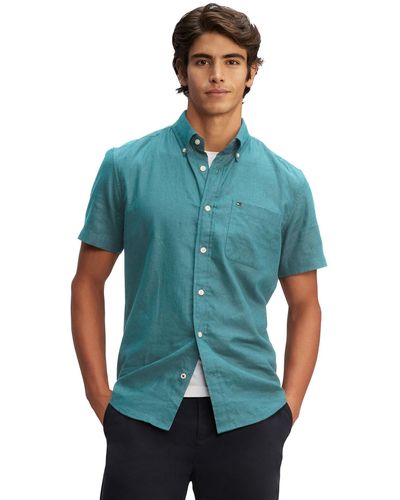 Tommy Hilfiger Short Sleeve Casual Linen Button Down Shirts - Blue