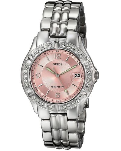 Guess Pink + Silver-tone Bracelet Watch With Date Feature. Color: Silver-tone - Black
