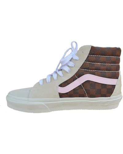Vans Sk8-hi Trainers Beige Sand Brown Checked Leather Canvas - Black
