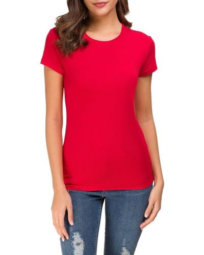FIND Crewneck Slim Fitted Short Sleeve T-shirt Stretchy Bodycon Basic Tee Tops - Red