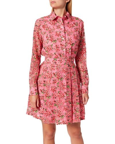 Love Moschino Flared Shirt Long Sleeves with All-Over devoré Flowers Casual Dress - Rot