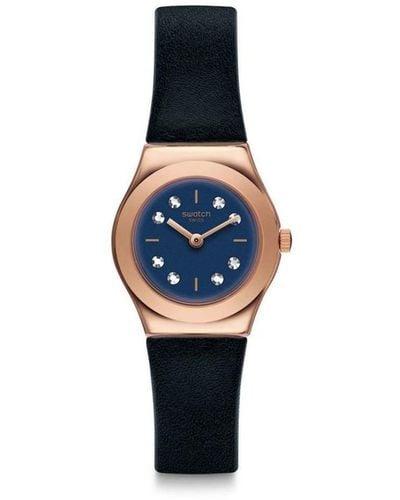 Swatch Erwachsene Analog Quarz Uhr mit Leder Armband YSG152 - Mehrfarbig
