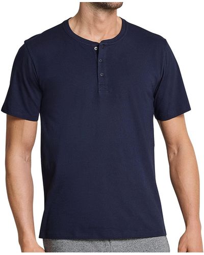 Schiesser Mix & Relax T-Shirt Knopfleiste Schlafanzugoberteil - Blau
