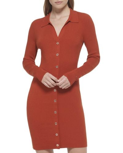 Tommy Hilfiger Sheath Sweater Button Front Dress - Red
