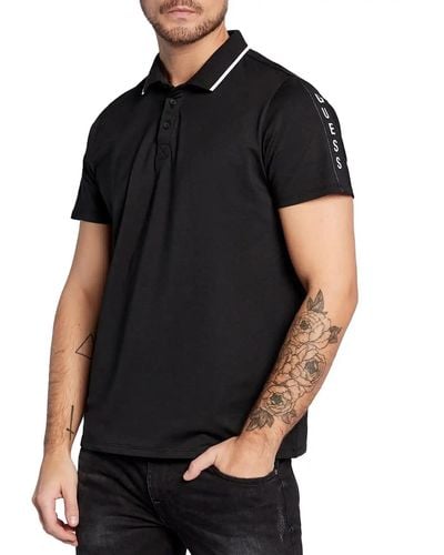 Guess Mens Essentials Short Sleeve Paul Pique Tape Polo T Shirt - Black
