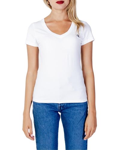 Calvin Klein S Ck Embroidery Stretch V-neck S/s Knit Tops - White