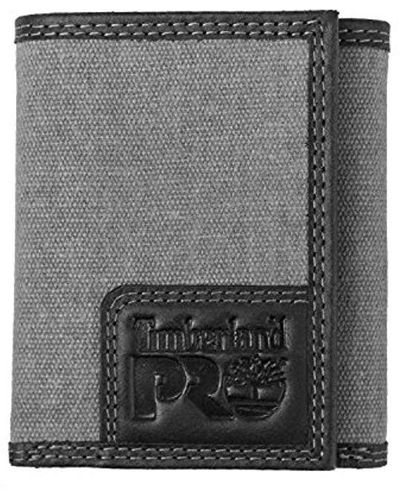 Timberland Pro Canvas Leather Rfid Trifold Wallet With Zippered Pocket - Gray