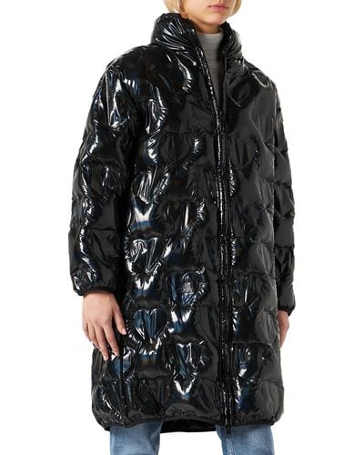 Love Moschino Long Padded Jacket in Logo Thermo Quilted Nylon with Hood Giacca - Nero