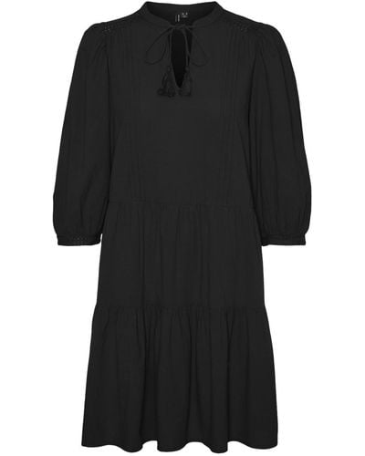 Vero Moda Short Dress With Drawstring Midi 3/4 Sleeves Summer Dress Tunic - Black