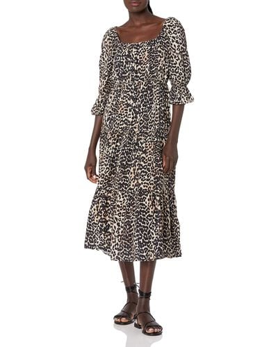 The Drop Keyla Puff Sleeve Square Neck Tiered Midi Dress ,leopard Print - Multicolor