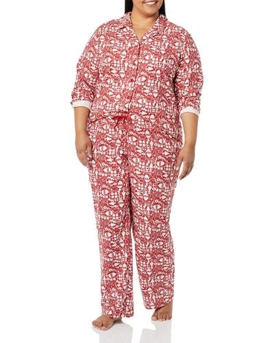 Amazon Essentials Flanell-Schlafanzug mit Shirt mit Langen Ärmeln und Knopfleiste vorne und Hose - Rot
