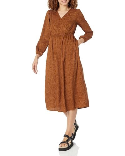 Amazon Essentials Lightweight Georgette Long Sleeve V-neck Midi Dress - Brown
