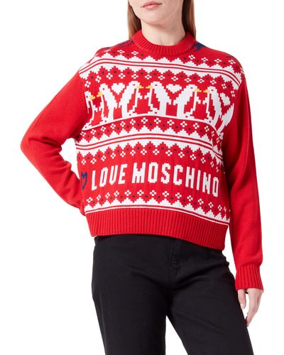 Love Moschino Regular fit Long-Sleeved Roundneck with Allover Love Hearts Penguins Jacquard Intarsia Front and Back Pullover Sweater - Rot