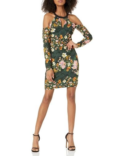 Guess Printed Lace Cold Shoulder Long Sleeve Dress with Keyhole Cocktailkleid - Grün