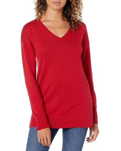 Amazon Essentials Lightweight Long-sleeved V-neck Tunic Sweater - Red