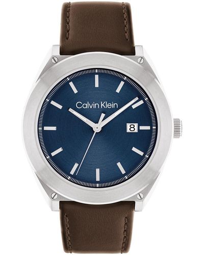 Calvin Klein Montre Analogique à Quartz pour avec Bracelet en Cuir Marron - 25200200 - Bleu