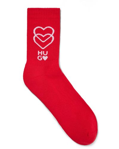 HUGO S Qs Rib Love W Organic-cotton-blend Short Socks With Logo And Hearts - Red