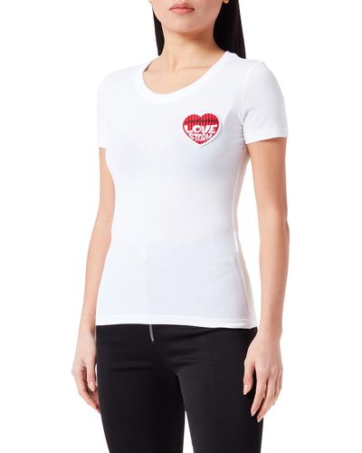Love Moschino Tight-Fit Short Sleeve with Embroidered Love Storm Knit Effect Heart Patch T-Shirt - Bianco