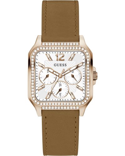 Guess Stainless Steel Quartz Watch with Leather Strap - Mettallic