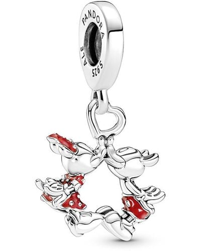 PANDORA Disney Minnie And Mickey Mouse Kissing Sterling Silver Dangle With Red Enamel - White