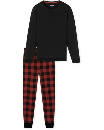 Schiesser Schlafanzug lang mit Bündchen-Nightwear Set Pyjamaset - Schwarz