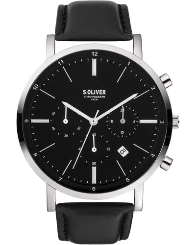S.oliver Chronograph Quarz Uhr mit Leder Armband SO-3854-LC - Schwarz
