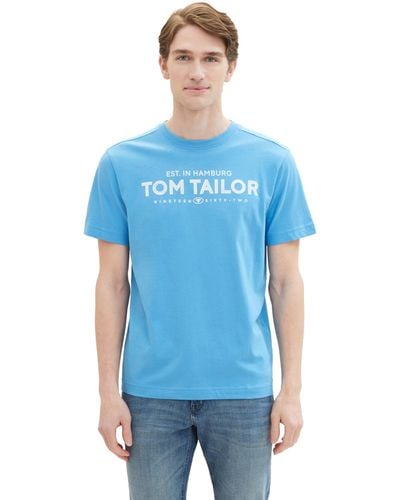Tom Tailor Basic Crewneck T-Shrt mit Logo-Print aus Baumwolle - Blau