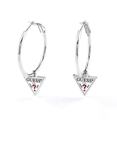 Guess Hula Hoops Earrings Ube79054 Rhodium Plated Stainless Steel Rings Hanging Triangle Logo - Metallic