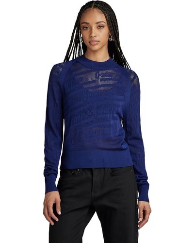 G-Star RAW Pointelle Text Knitted Jumper - Blue