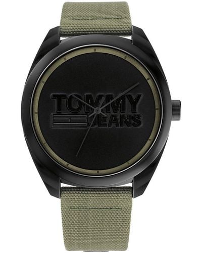 Tommy Hilfiger Jeans Analoog Quartz Horloge Voor Met Militaire Groene Nylon Band - 1792040, Zwart, Riem