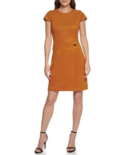 DKNY Short Sleeve Sheath Dress With Hardware - Brown