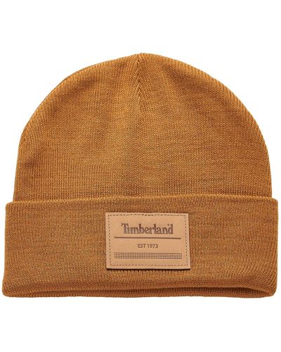 Timberland `s Heat Retention Watch Cap Knit Beanie with Leather Patch - Braun