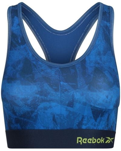 Reebok S Crop Top Bra In Patterned Blue Polyester Fabric With Moisture Wicking & Removable Pads