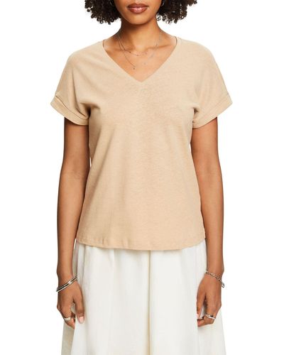 Esprit T-Shirt mit V-Ausschnitt aus Baumwolle-Leinen-Mix - Weiß