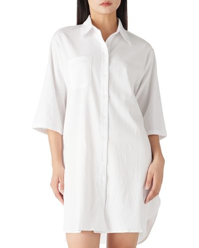 FIND Casual Half Sleeve Button Down Mini Shirt Dress Plus Size V Neck Tunic Blouses Tops With Pockets - White