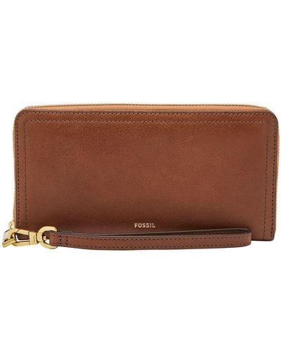 Fossil Logan Faux Leather Wallet Slim Minimalist Zip Card Case With Keychain - Brown