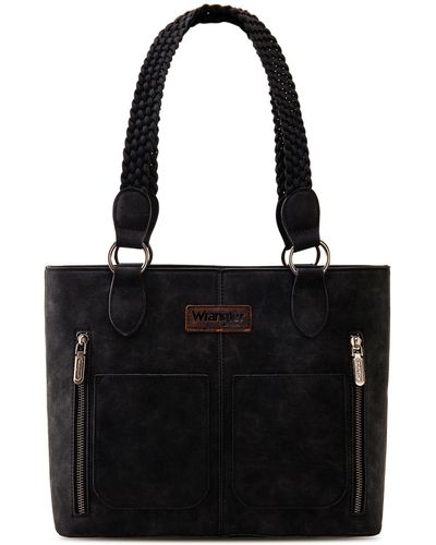 Wrangler Tote Bag For Multi Pockets Shoulder Purse With Woven Strap - Black