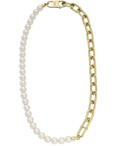 Fossil Heritage Pearl D-link Stainless Steel Chain Necklace - Metallic