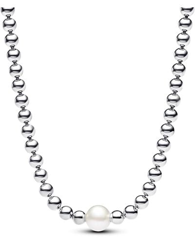 PANDORA Timeless Collier in argento Sterling con perla coltivata d'acqua dolce trattata bianca e zirconia cubica - Metallizzato