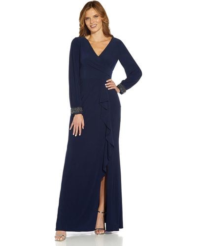 Adrianna Papell Draped Jersey Beaded Gown - Blue