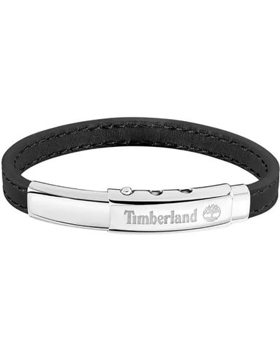 Timberland AMITY TDAGB0001601 Bracelet pour homme en acier inoxydable argenté et cuir noir Longueur : 18 cm + 10 cm