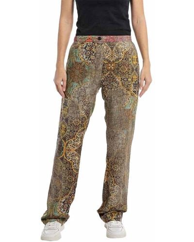 Replay W8828 Mix All Over Printed Viscose Fabric Trousers - Black