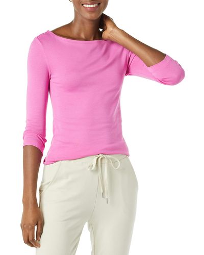 Amazon Essentials Camiseta Lisa y Entallada de ga 3/4 con Escote Barco Mujer - Rosa